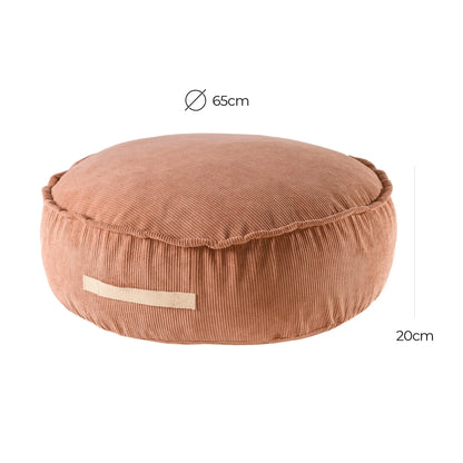 A close-up of a round corduroy pouf for children, featuring a designer shade. Practical dimensions of 65 cm diameter and 20 cm height, with washable cover and foam filling.