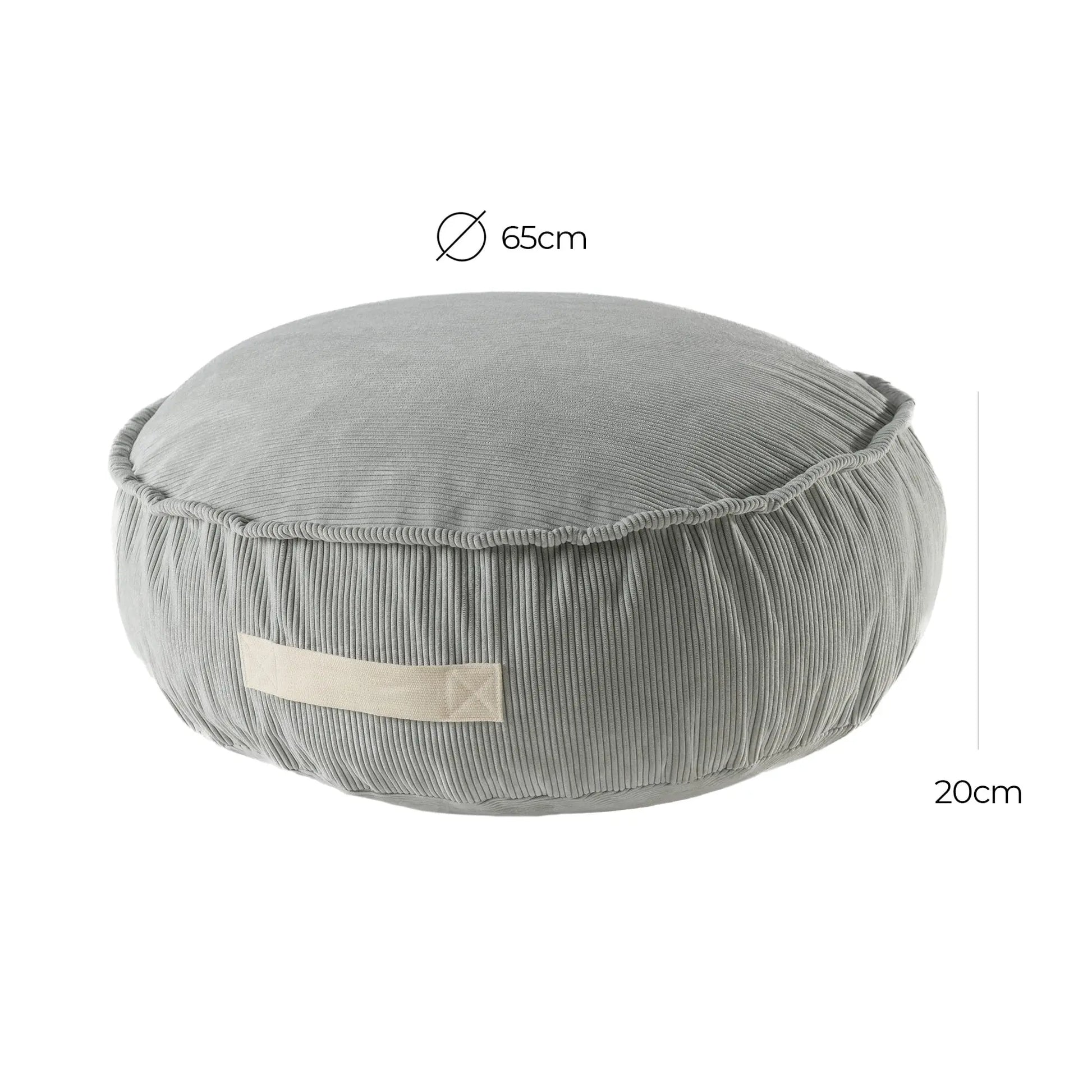 A grey round pouf with a white stripe, designed for children's comfort and play. Features foam filling, washable corduroy cover, and European craftsmanship.