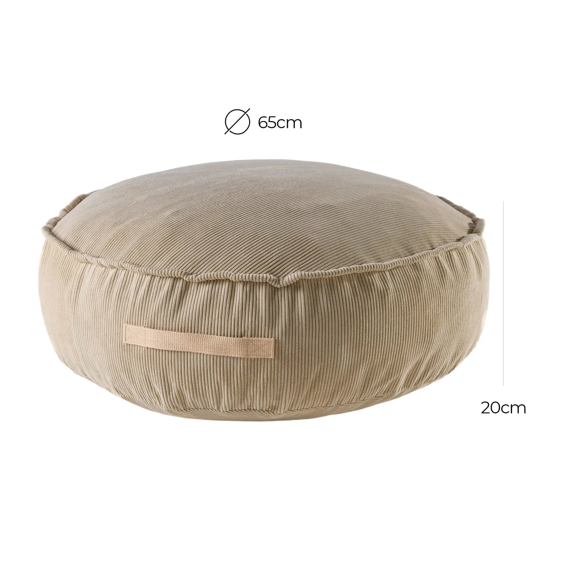 A round corduroy pouf with a strap, perfect for children's spaces. Designer MeowBaby® pouf in sand, 65 cm diameter, 20 cm height, washable cover, foam filling.