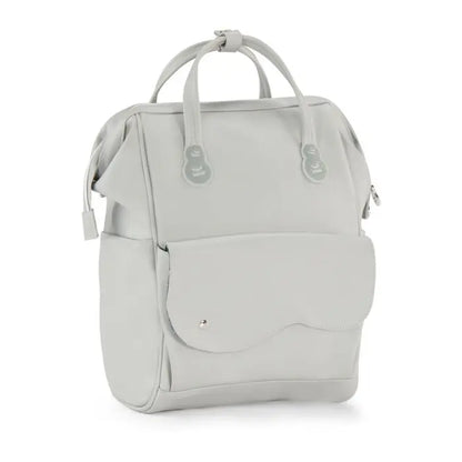 A white diaper backpack with multiple pockets for organization, including thermal and wet clothes pockets. Attachable to strollers, featuring Nature Vibes design and a changing mat.