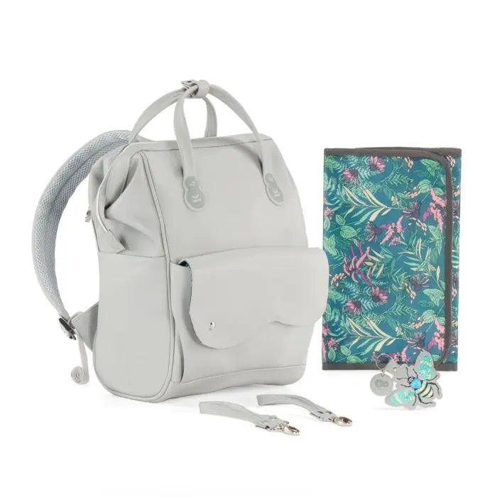 A versatile diaper backpack, Treasureback, with 9 pockets for easy organization. Stylish design from the Nature Vibes collection, includes a changing mat and stroller attachment option.