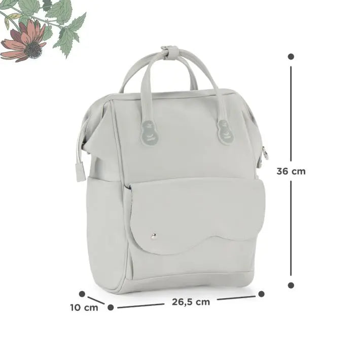 A white diaper backpack with nine pockets, including thermal and wet clothes pockets. Attachable to strollers, stylish design from Nature Vibes collection. Ideal for outings and travel.