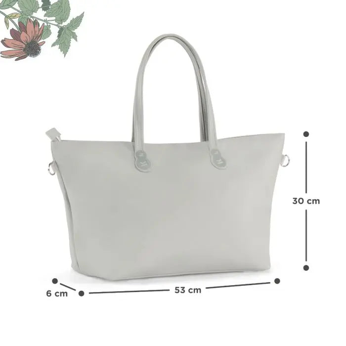 Diaper Bag Treasurebag from Kinderkraft: White bag with rabbit design. Zippered with 4 pockets, travel changing pad included. Attach to stroller or wear on shoulder. Durable PU and polyester material. Dimensions: 30 cm x 53 cm.