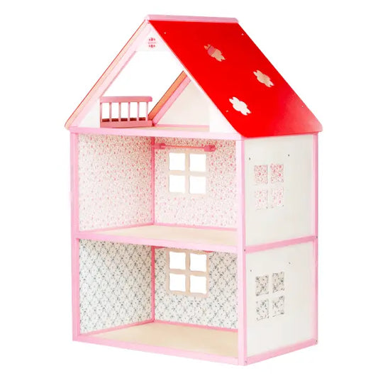 A handmade two-storey wooden dollhouse, Dollhouse City - Pink, with white and pink walls, a red roof, and open design, ideal for imaginative play. Dimensions: H101xW77xD45 cm.