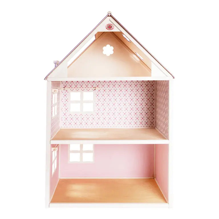 Wooden two-storey dollhouse, Dollhouse City - White, with meticulous design, white and pink walls, red roof, and open side. Handmade from quality wood, ideal for imaginative play. Dimensions: H101 x W77 x D45 cm.