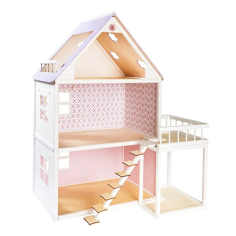 Handcrafted two-storey wooden dollhouse, Dollhouse City - White, with white and pink walls, red roof, and open design. Ideal for imaginative play, compatible with Rose doll furniture. Dimensions: H101 x W77 x D45 cm.