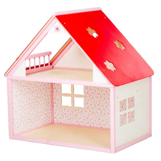 Handcrafted Dollhouse Country in pink and white, featuring a red roof. Made from durable wood and plywood, easy to assemble, and gift-worthy for dollhouse enthusiasts. Dimensions: 68x67x45 cm.