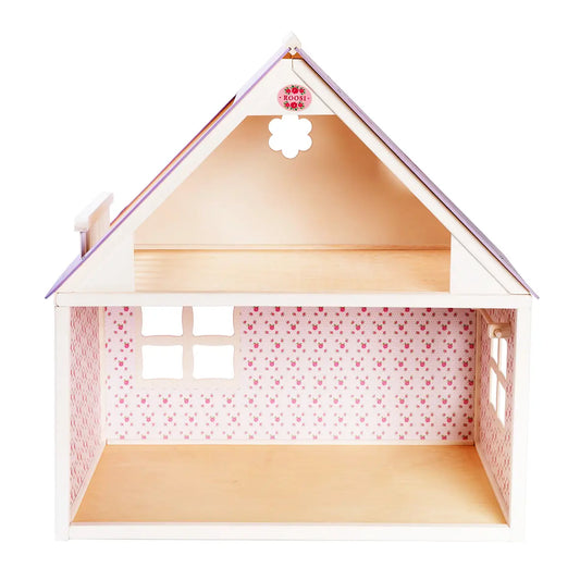 Handcrafted Dollhouse Country in white & pink, featuring red roof, wood & plywood construction, easy assembly, and generous dimensions for creative play.