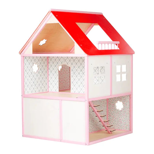 A pink and white Dollhouse Roosi Villa with versatile room openings, Rose doll furniture compatibility, and cheerful accessories. Handmade from wood, encouraging imaginative play for children.