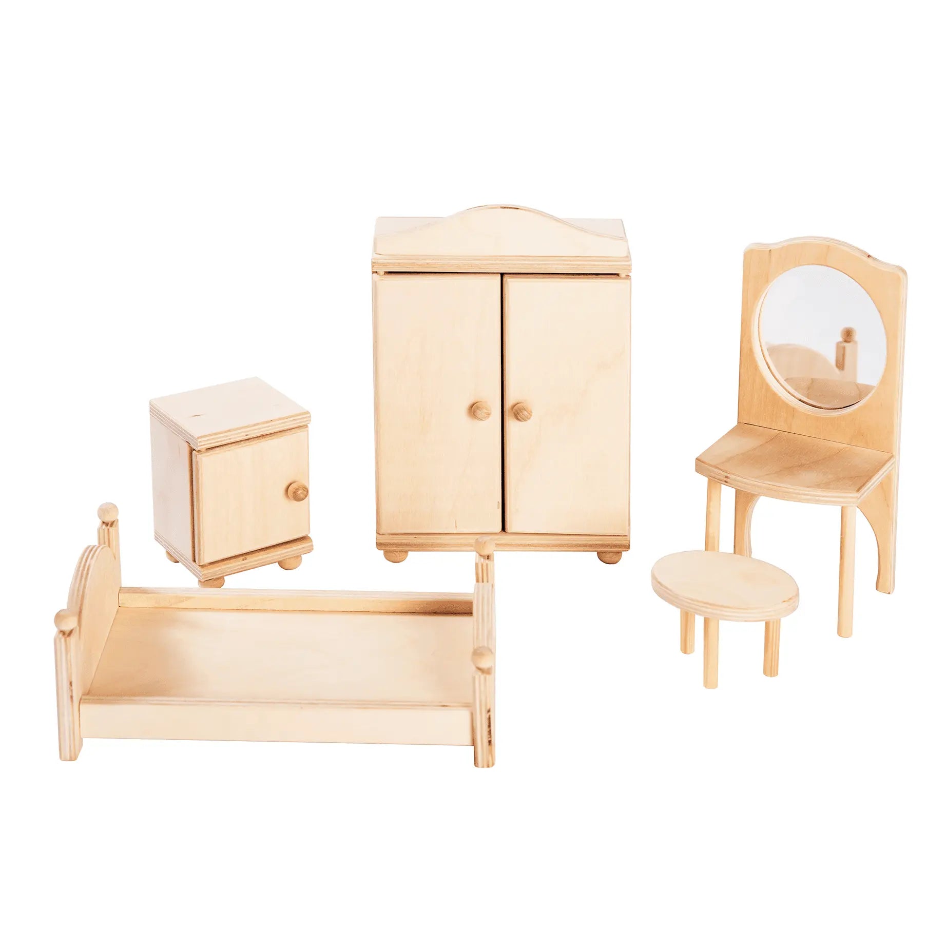 A wooden dollhouse bedroom furniture set featuring a bed, mirror, wardrobe, stool, and bedside table. Crafted for Roosi dollhouses, durable, and European-made. Enhance your dollhouse with sophistication.