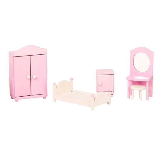 Dollhouse bedroom furniture - Pink & White: Includes bed, mirror, wardrobe, stool, bedside table. Crafted from durable wood. Compatible with Roosi dollhouses. Ideal for dollhouse enthusiasts.