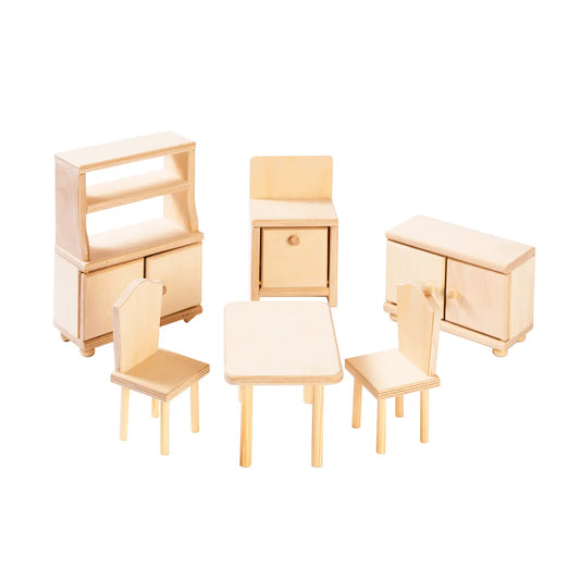 Dollhouse kitchen furniture - Natural: A set of wooden furniture including a stove, table, chairs, cupboard, and cabinet, designed for Roosi dollhouses. Crafted for durability and customization, perfect for dollhouse enthusiasts.