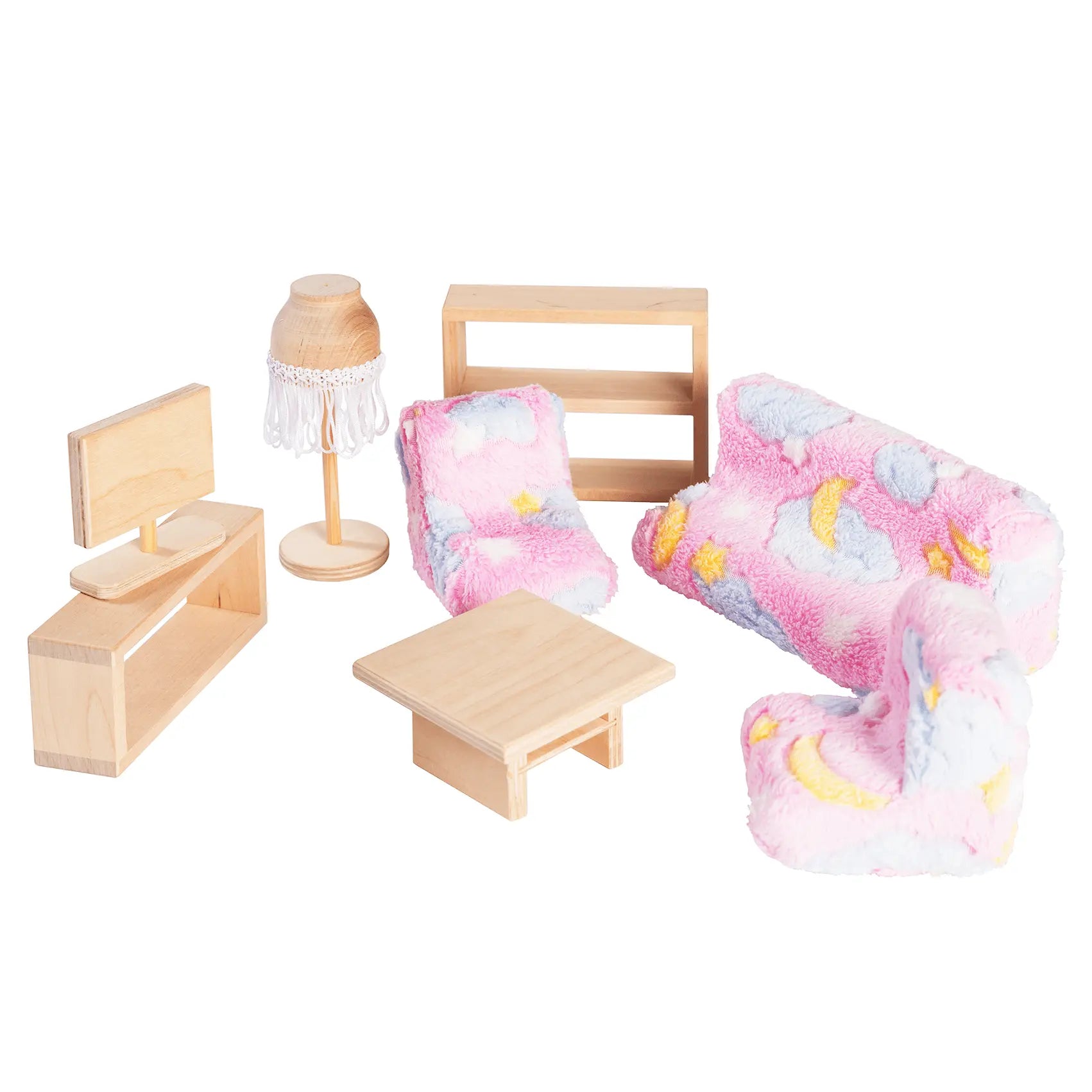 Dollhouse living room furniture - Natural, featuring wooden sofa, chairs, shelves, TV, lamp, and tables. Crafted for Roosi dollhouses, durable and European-made. Ideal for dollhouse enthusiasts.