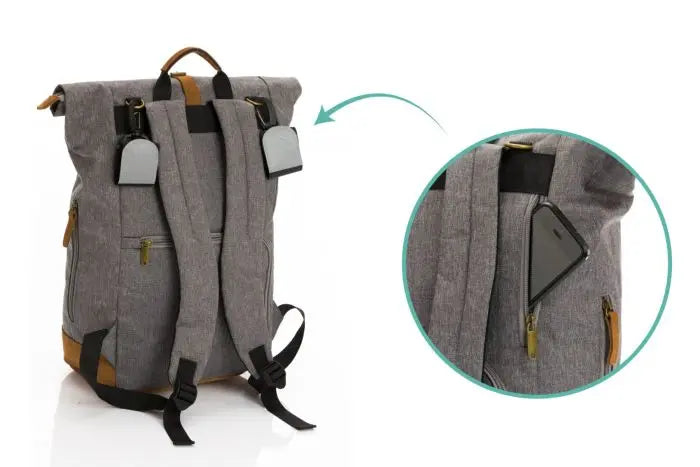 A grey diaper backpack with a phone inside, featuring black straps and a magnetic closure. Adjustable size, reflective attachments, changing pad, bottle pocket, and padded shoulder straps included.