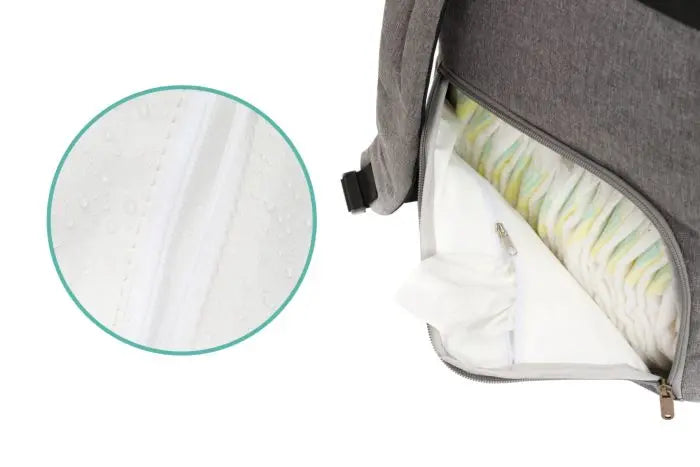 Close-up of Diaper Backpack Berlin with magnetic closure, adjustable size, reflective attachments, changing pad, bottle pocket, and padded straps. Ideal for baby essentials on-the-go.