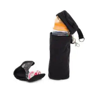 A black diaper bag with a bottle in it, a carabiner, and a changing pad. Practical and spacious for on-the-go parents.