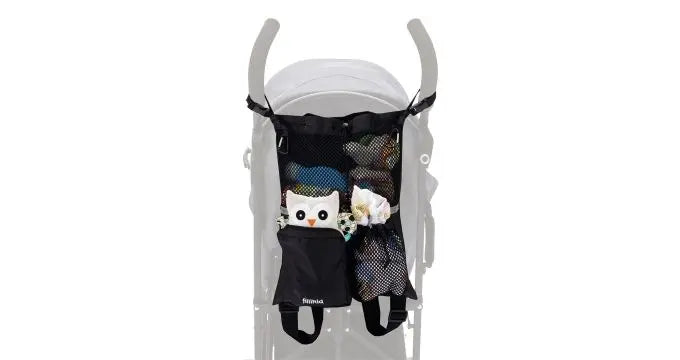 A black mesh bag with a stuffed owl inside, showcasing the Fillkid Diaper Mesh Bag - Black. Versatile and breathable, ideal for parents on-the-go, with reflector for safety.