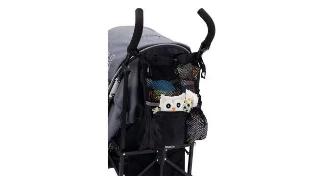 A Fillkid Diaper Mesh Bag - Black hanging on a stroller, featuring a stuffed animal in the pocket. Breathable mesh for easy access, attachable, washable, and reflective for safety.