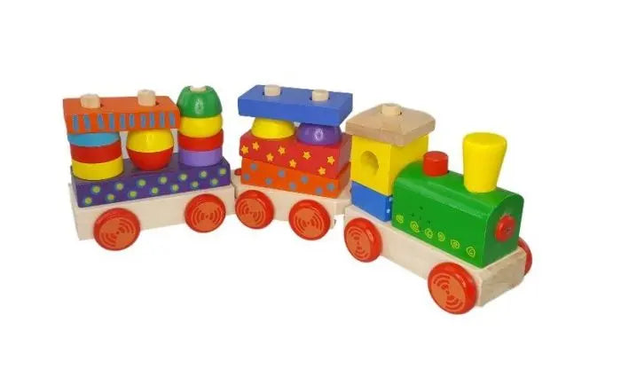 Wooden train set with colorful blocks, interactive play, realistic sounds, and educational benefits. Battery operated for enhanced play experience. Quality assurance from Gerardo’s Toys.