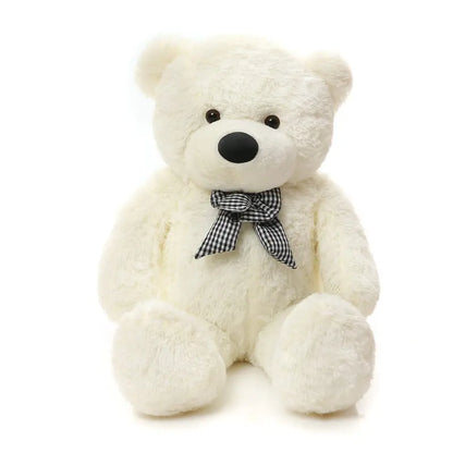 A 180 cm Giant Teddy bear with a black and white checkered bow, made from soft fur. Ideal for safe hugging, washable, and EU safety certified. Perfect gift for joyous cuddling moments.