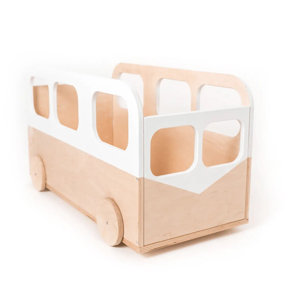 Wooden toy storage box shaped like a bus, featuring four wheels for easy mobility. Practical and safe design made from plywood, perfect for keeping toys organized. Dimensions: 59 x 33 x 28 cm.