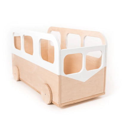 Wooden toy storage box shaped like a bus, featuring four wheels for easy mobility. Practical and safe design made from plywood, perfect for keeping toys organized. Dimensions: 59 x 33 x 28 cm.