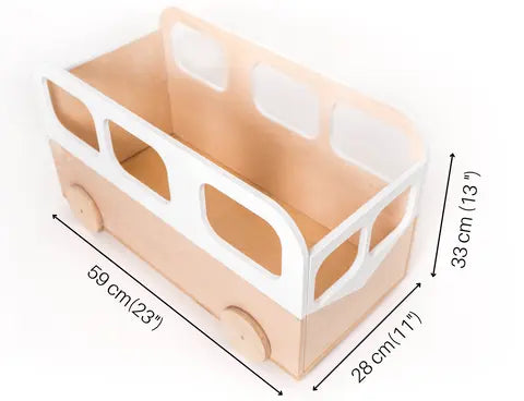 A spacious Kids Toy Storage Box on Wheels shaped like a bus, ensuring neat toy organization. Features sturdy wheels for easy mobility. Safe plywood material. Dimensions: 59 x 33 x 28 cm.