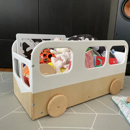 A spacious Kids Toy Storage Box on Wheels shaped like a fun bus, ensuring neat toy organization. Features easy mobility with sturdy wheels and safe plywood material. Dimensions: 59 x 33 x 28 cm.