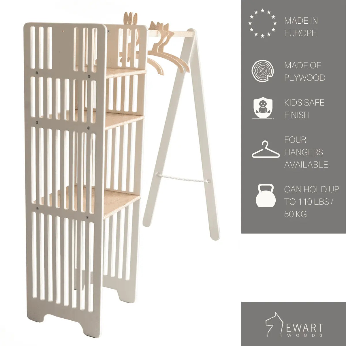 A Montessori-style Kids Wooden Clothing Rack with storage shelves for easy access. Promotes independence, organization, and confidence in children's wardrobe choices. Dimensions: 116 x 104 cm. Made in Europe.