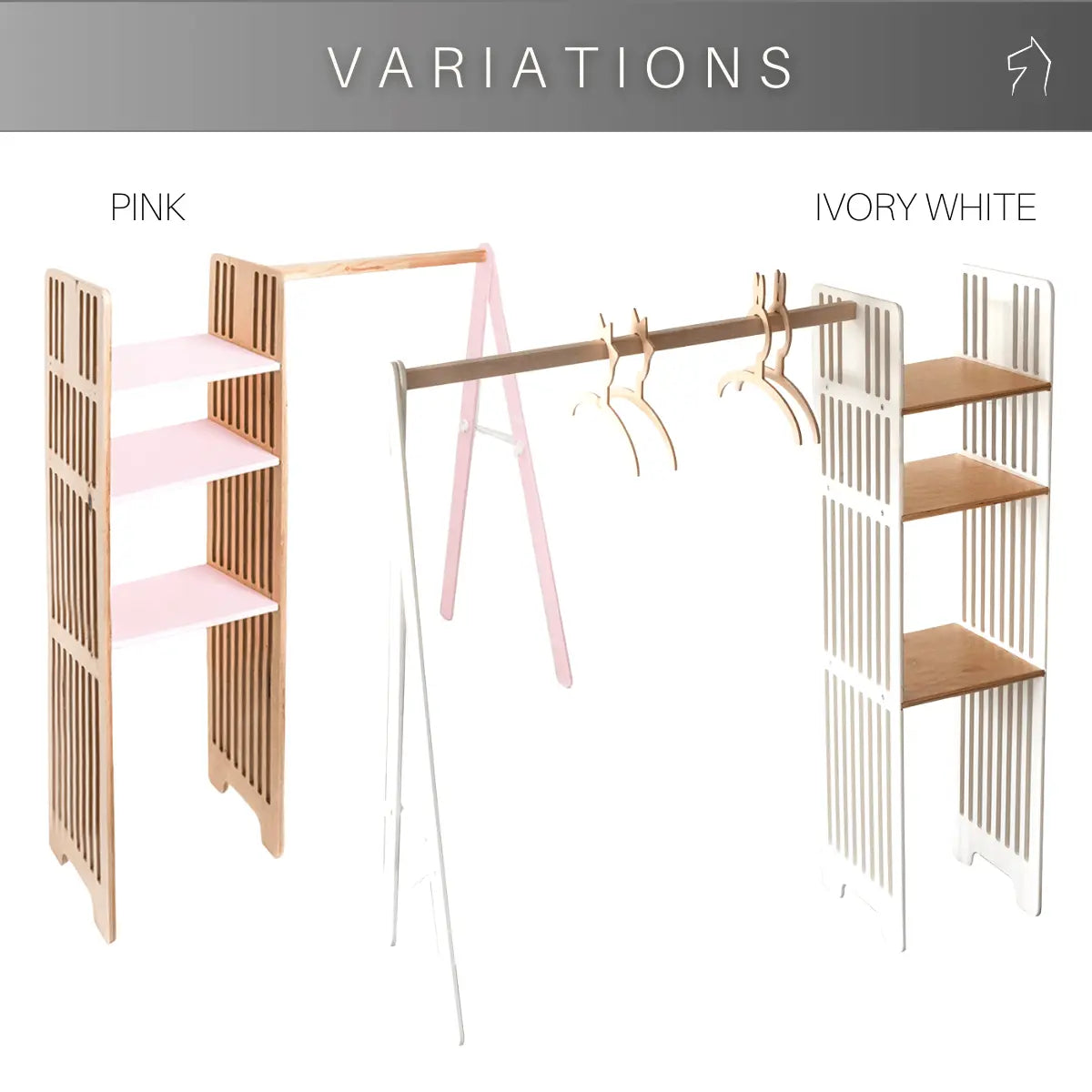 A Montessori-style Kids Wooden Clothing Rack with storage shelves for easy clothes access, fostering independence and organizational skills in children. Dimensions: 116 x 104 cm. Made in Europe.