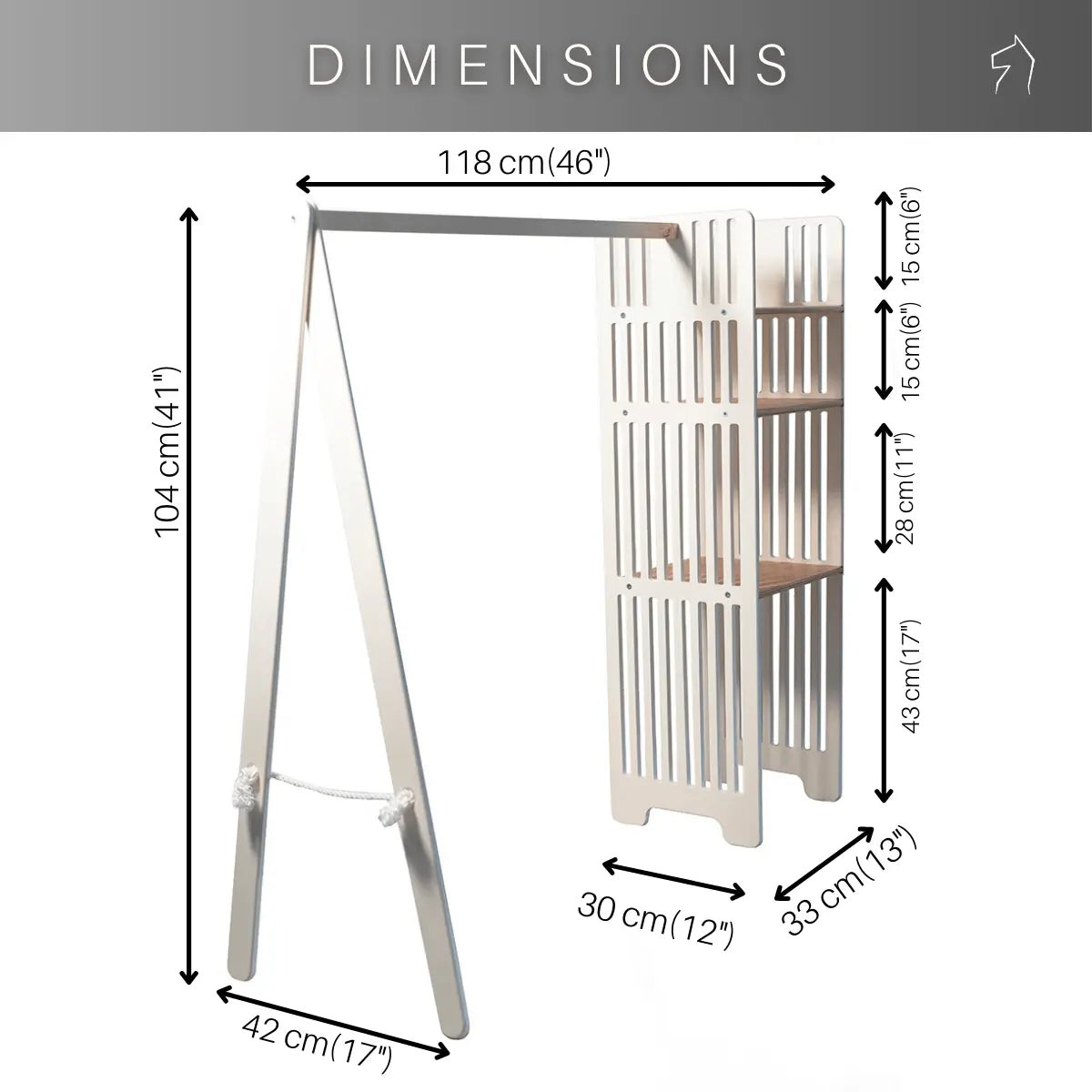 A Montessori-style Kids Wooden Clothing Rack with storage shelves for easy clothes access, fostering independence and organization skills in children. Dimensions: 116 x 104 cm.