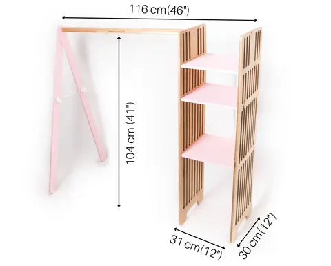 A Montessori-style Kids Wooden Clothing Rack with storage shelves for easy access. Encourages independence and organization in children. Dimensions: 116 x 104 cm. Made in Europe.