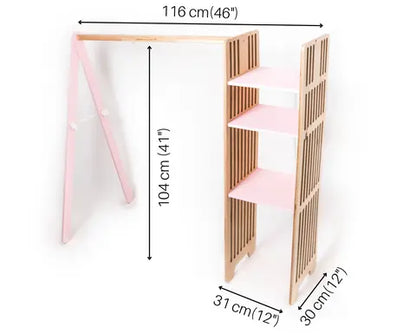 A Montessori-style Kids Wooden Clothing Rack with storage shelves for easy access. Encourages independence and organization in children. Dimensions: 116 x 104 cm. Made in Europe.