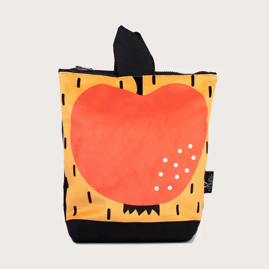 A small kids backpack featuring a red apple motif, ideal for young explorers. Made of velvet and waterproof polyester, with adjustable straps and zipper closure. Dimensions: 30cm height, 26cm width.