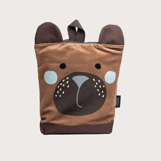 A small bear-shaped kids backpack for outdoor adventures. Features a velvet top with a bear design, waterproof polyester bottom, beige shoulder straps, and zipper closure. Dimensions: 30cm height, 26cm width.