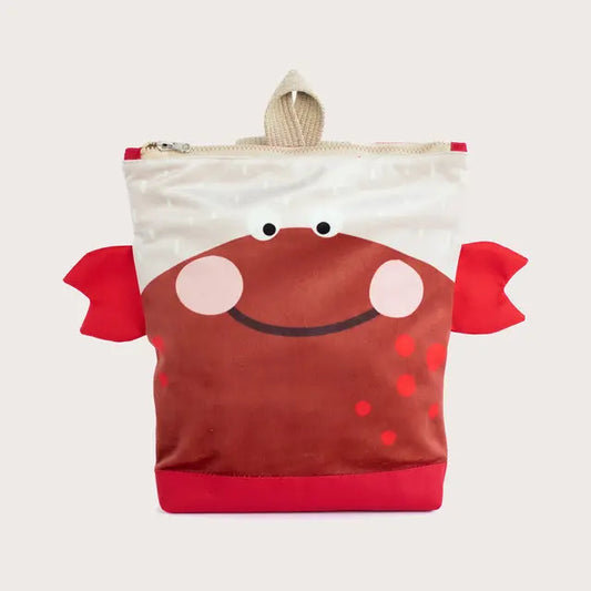 A toddler-friendly CRAB backpack with a cute face design, velvet top, and sturdy polyester bottom. Features adjustable shoulder straps, zipper closure, and slip pockets. Ideal for kids aged 2-10.