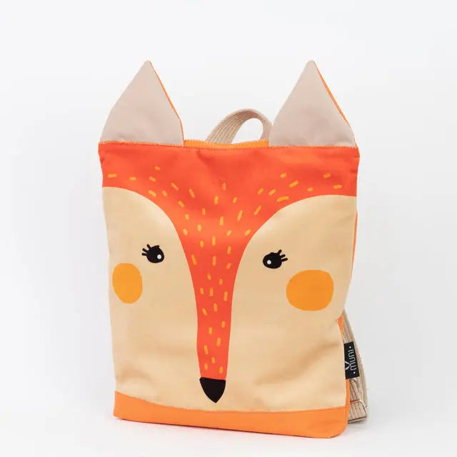 Kids backpack featuring a fox face design. Velvet top, waterproof polyester bottom. Adjustable beige shoulder straps, zipper closure, and two inside pockets. Available in small and large sizes.