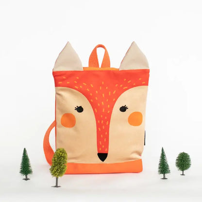 Kids backpack featuring a fox face design, perfect for outdoor adventures. Made of velvet and waterproof polyester, with adjustable shoulder straps and zipper closure. Available in small and large sizes.