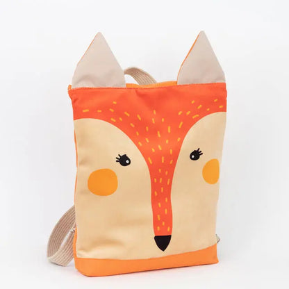 Kids backpack featuring a fox face design. Velvet top with painted fox, waterproof polyester bottom. Adjustable beige shoulder straps, zipper closure, and two slip pockets inside. Two sizes available.