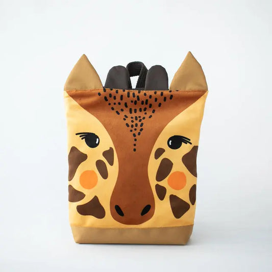 A kids backpack featuring a giraffe face design, perfect for outdoor adventures. Made of velvet and waterproof polyester, with adjustable straps and zipper closure. Available in small and large sizes.