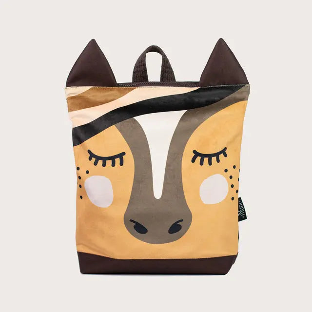 A playful kids backpack featuring a horse design. Made of velvet and waterproof polyester, with adjustable shoulder straps and ample storage space. Ideal for pre-school and day trips.