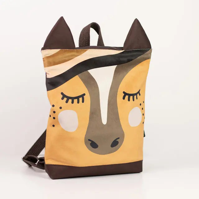 A playful Kids backpack featuring a horse design. Made of velvet and waterproof polyester, with adjustable shoulder straps and ample space for essentials. Available in small and large sizes.