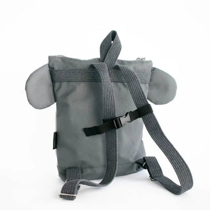 A kids backpack featuring a grey design with a Koala motif. Velvet top with a waterproof polyester bottom, beige shoulder straps, and adjustable fit. Ideal for outdoor adventures.