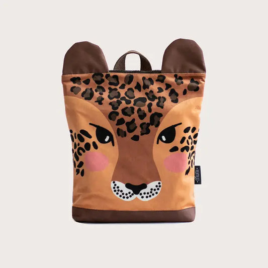 A toddler's backpack featuring a cute leopard face design. Made of velvet and sturdy polyester with adjustable beige shoulder straps. Available in small and large sizes.