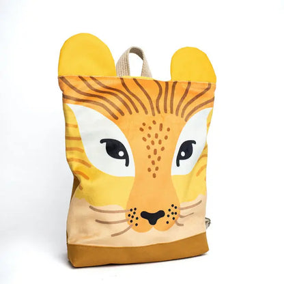 Kids backpack featuring a lion design, perfect for little adventurers. Velvet top with lion print, waterproof polyester bottom, adjustable straps, and zipper closure. Available in small and large sizes.