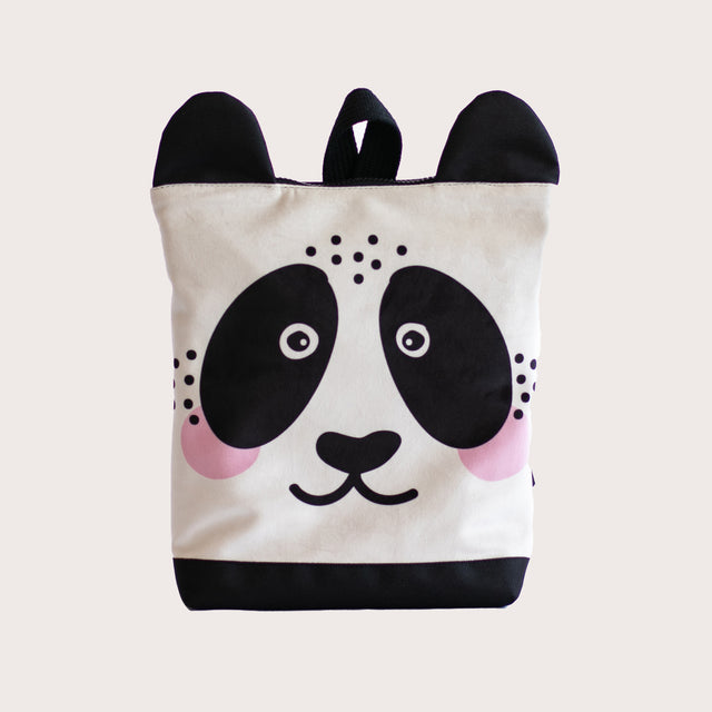 Kids backpack - Panda featuring a cute panda face design, plush velvet top, waterproof polyester bottom, and adjustable shoulder straps, perfect for young adventurers.