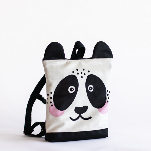 Kids backpack - Panda, featuring a cute panda face design, plush velvet top, waterproof polyester bottom, beige adjustable straps, and zipper closure for kids' outdoor adventures.