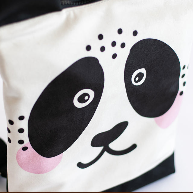 Kids backpack - Panda with a cartoon panda face, featuring velvet and polyester materials, zipper closure, adjustable straps, and ideal for young outdoor adventures.