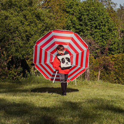 Kids backpack - Panda, featuring a child using a red and white striped umbrella, ideal for outdoor adventures with a fun, durable design.