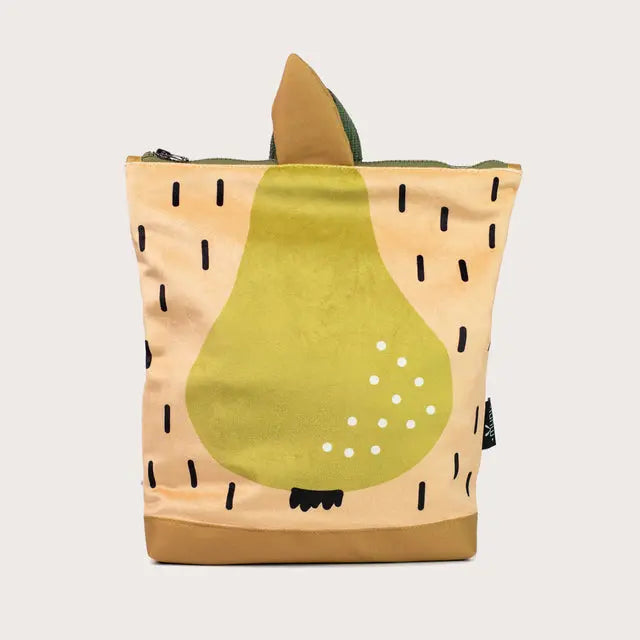 Kids backpack featuring a pear design, ideal for young adventurers. Velvet top with painted pear motif, waterproof polyester bottom, adjustable beige straps, and two slip pockets inside. Dimensions: 35cm x 30cm.